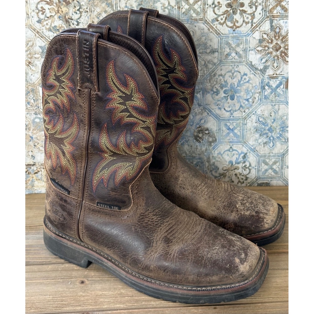 Justin Steel Toe Waterproof Western Cowboy Work Boots Mens 8.5 D Brown